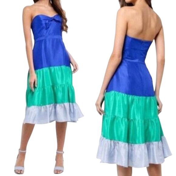 J Crew Silk Shantung Midi Dress Strapless Fit & Flare Tiered Stripe Blue NEW 12 - Picture 1 of 12